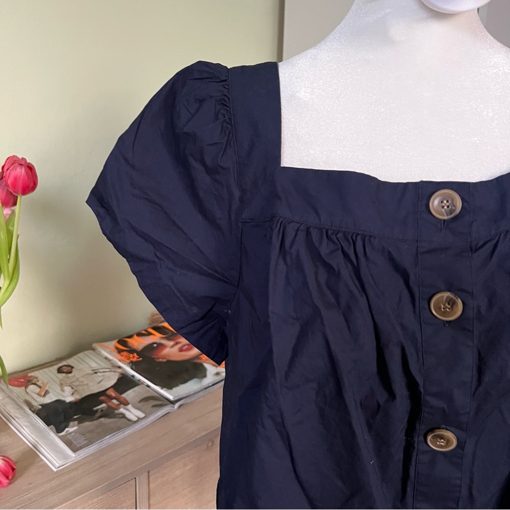 J CREW Navy Blue 100% Cotton Square-Neck Button Puff Cap Sleeve Poplin Blouse XL - Picture 10 of 16